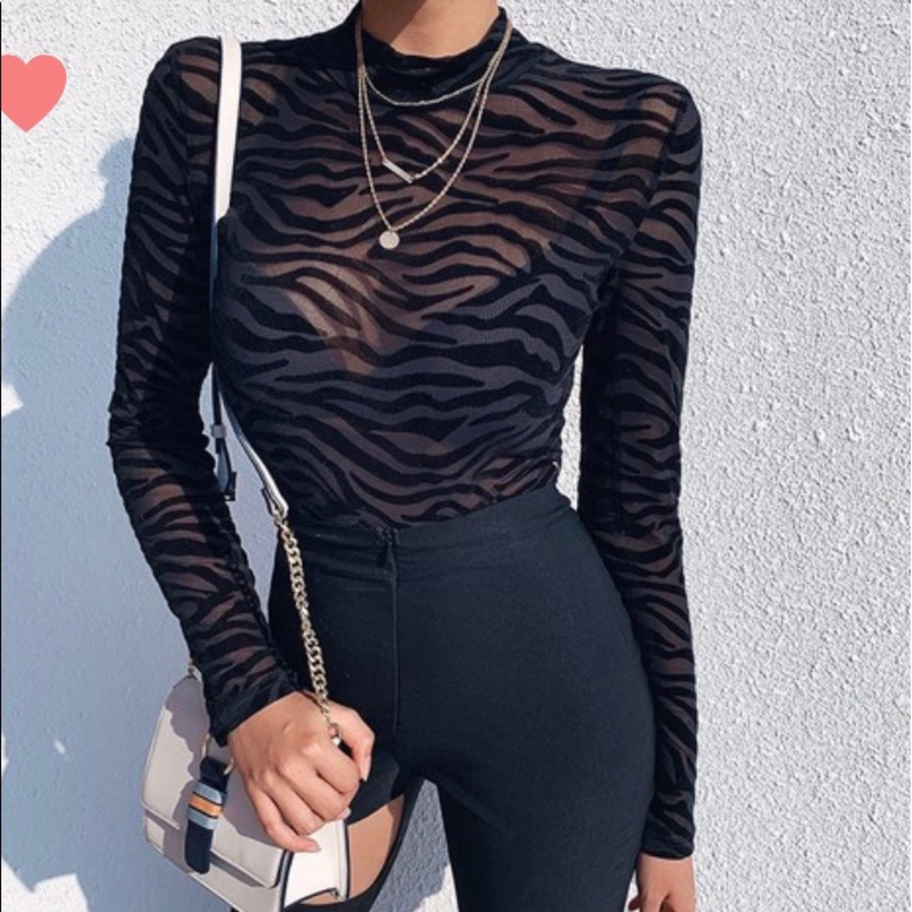 Black mesh zebra long sleeve bodysuit